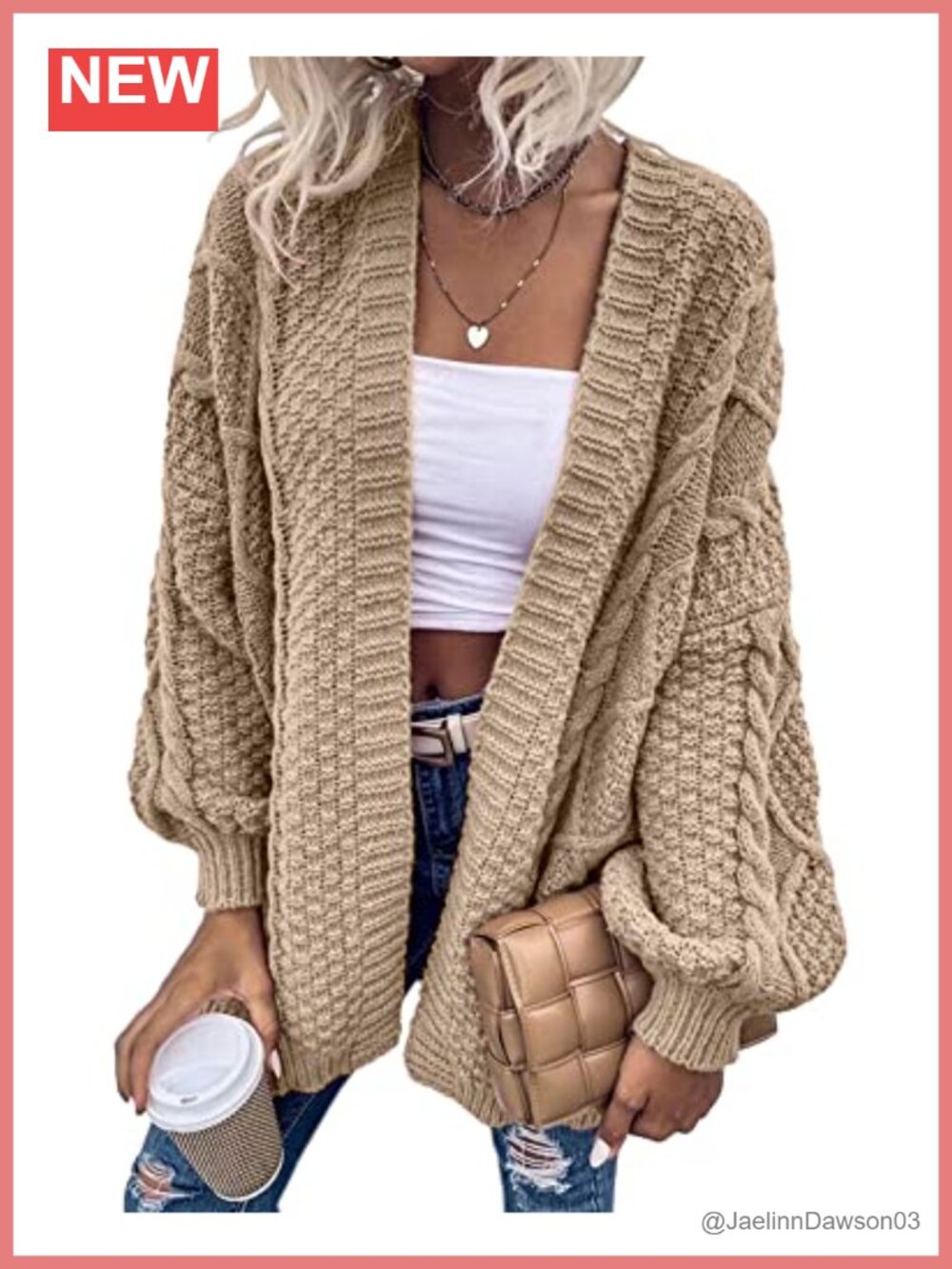 Oversized Cable Knit Lantern Sleeve Cardigan Sweater